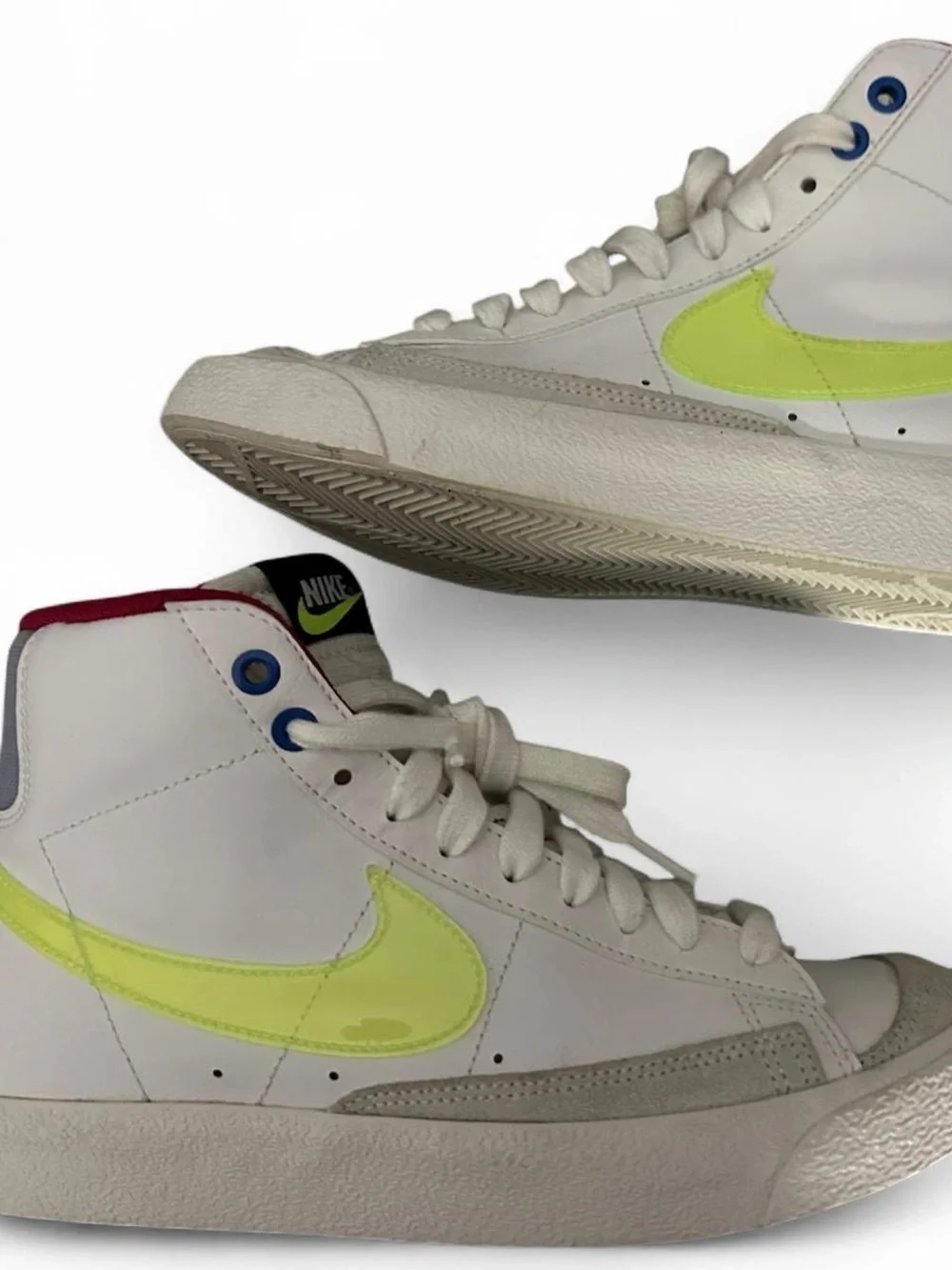 Nike White High-Top Blazers Sneakers with Neon Yellow Swoosh and Red Collar
